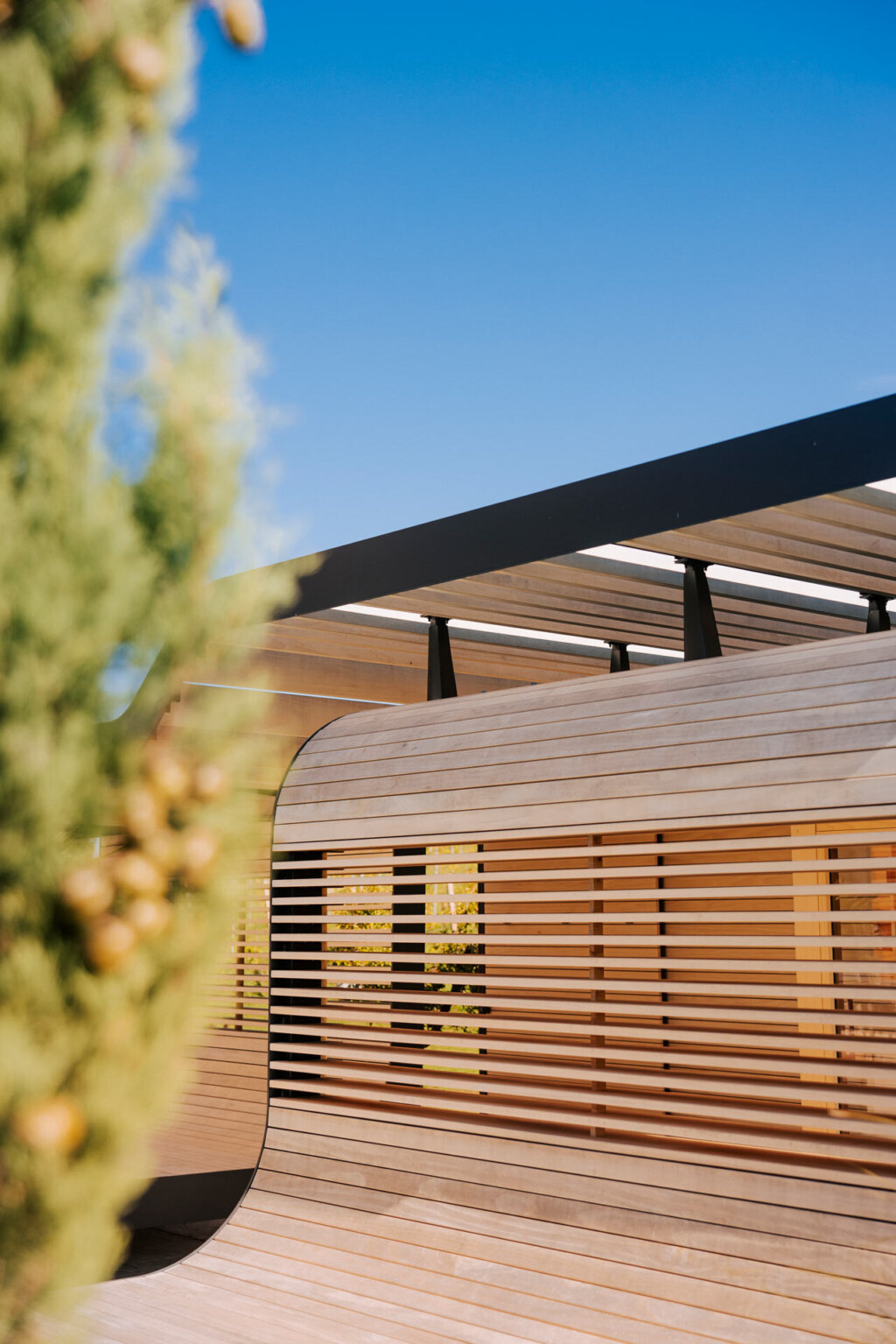 Outdoor-Spa mit wellenförmiger Sauna-Architektur und integriertem Sichtschutz.