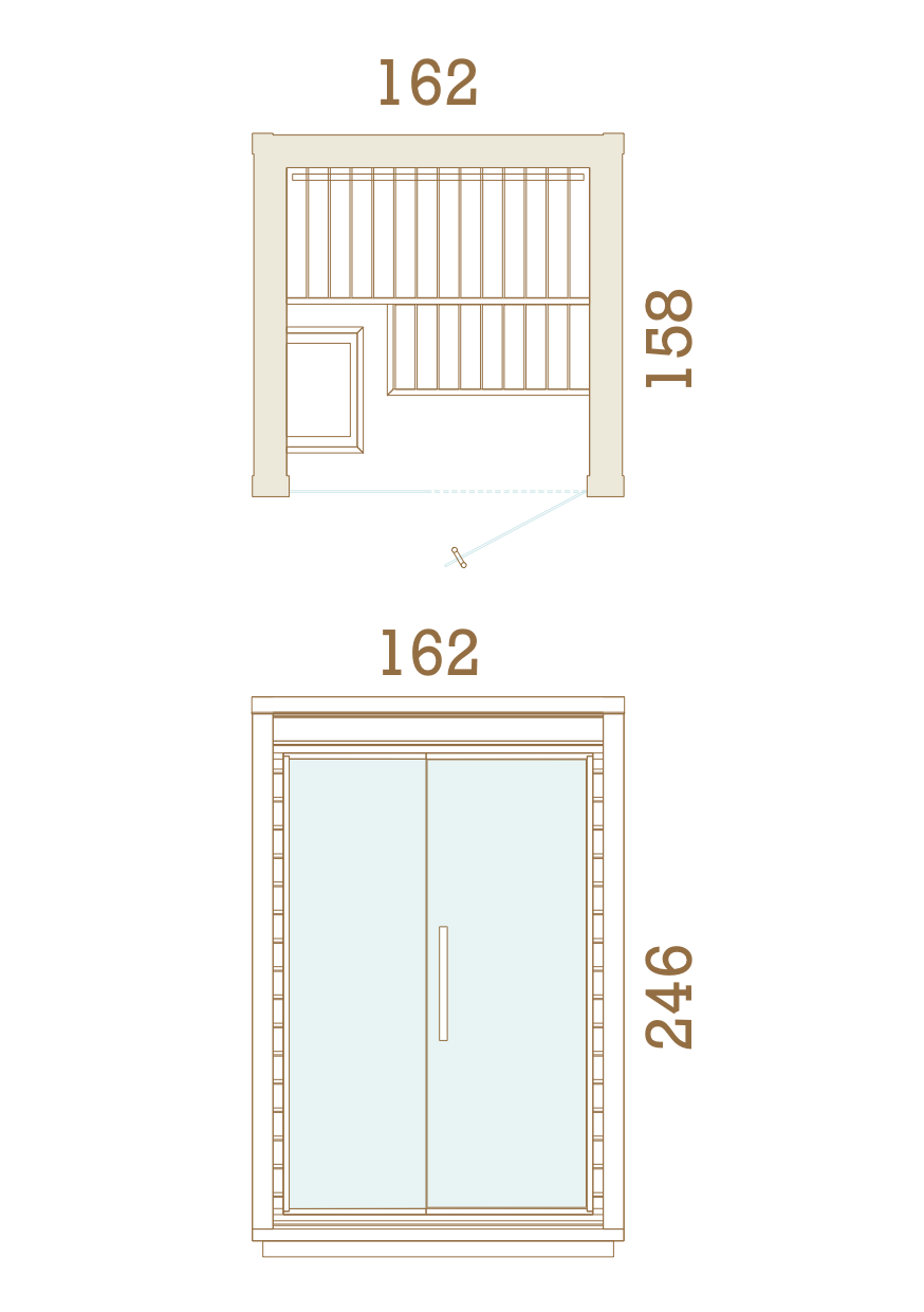 Maße Sauna Mira S: 162 cm Breite, 158 cm Tiefe und 246 cm Höhe