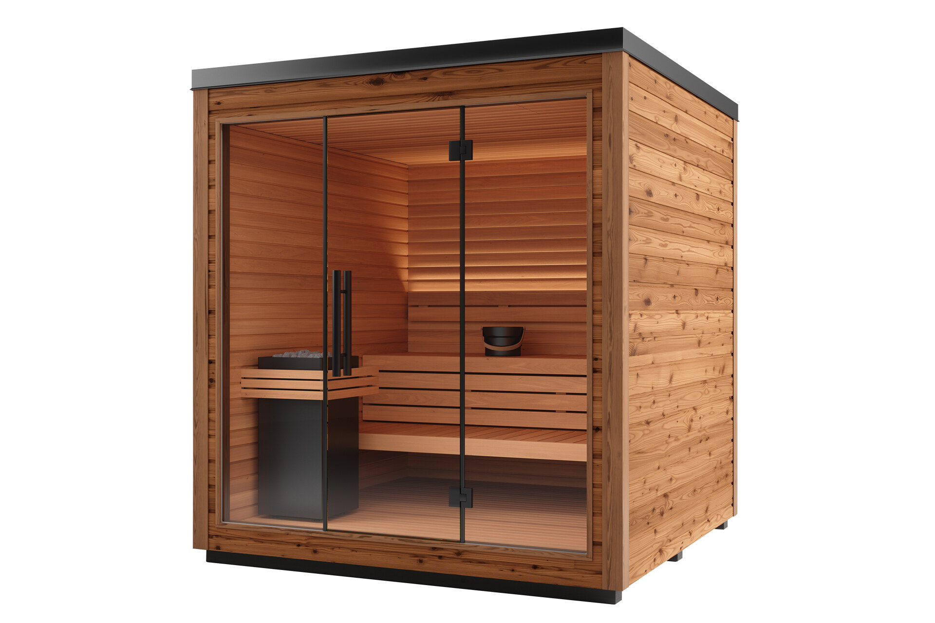 Auroom Sauna Mira L von Deisl mit großer Glasfront und einer rustikalen Außenverkleidung aus naturbelassenem Thermo-Fichtenholz und einer Innenausstattung aus ruhig gemasertem Thermo-Espenholz.