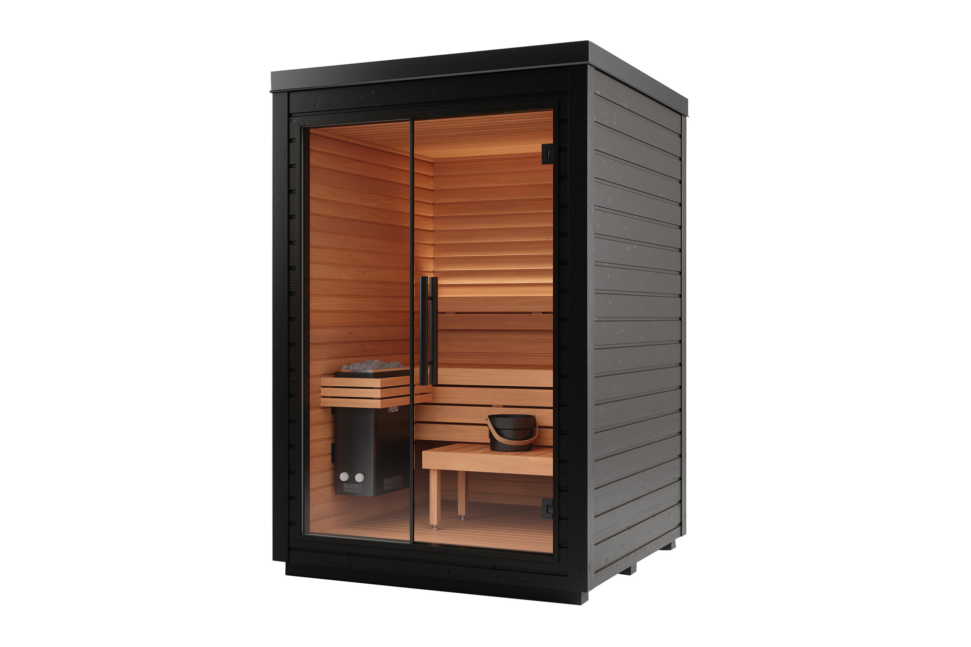 Auroom Sauna Mira S von Deisl mit großer Glasfront und einer schwarzen Außenverkleidung aus Thermo-Fichtenholz und einer Innenausstattung aus ruhig gemasertem Thermo-Espenholz.