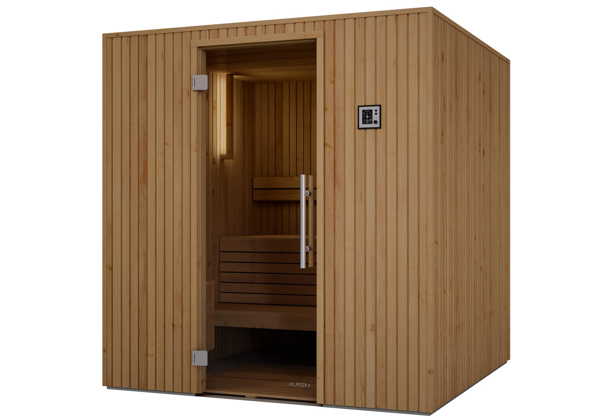 Beleuchtete Auroom-Sauna Familia aus Erlenholz mit Glastüre im Abverkauf beim Saunahersteller DEISL